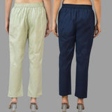 Combo of 2 Mint Green and Navy Blue Cotton Flax Women Trouser Pants