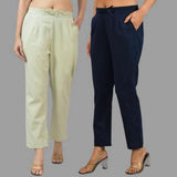 Combo of 2 Mint Green and Navy Blue Cotton Flax Women Trouser Pants