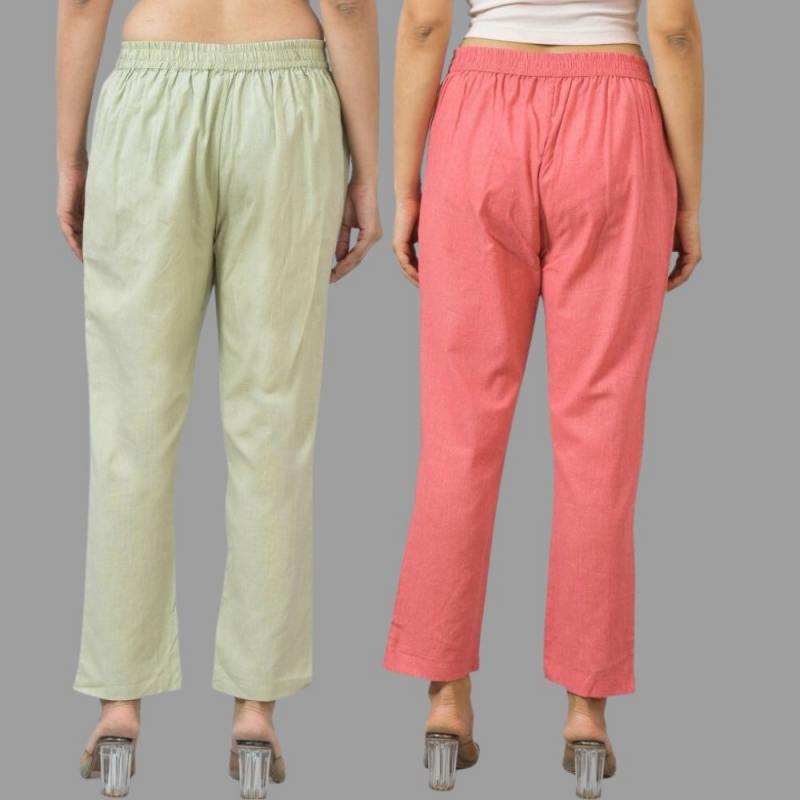 Combo of 2 Mint Green and Peach Cotton Flax Women Trouser Pants