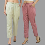 Combo of 2 Mint Green and Pink Cotton Flax Women Trouser Pants