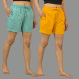 Combo of 2 Mustard Yellow and Cyan Cotton Women Shorts