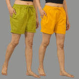 Combo of 2 Mustard Yellow and Green Cotton Women Shorts