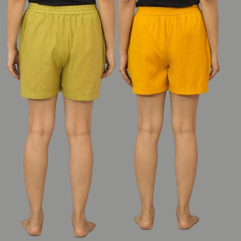 Combo of 2 Mustard Yellow and Olive Green Cotton Women Shorts