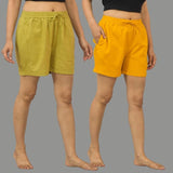 Combo of 2 Mustard Yellow and Olive Green Cotton Women Shorts