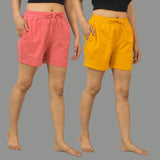 Combo of 2 Mustard Yellow and Peach Cotton Women Shorts