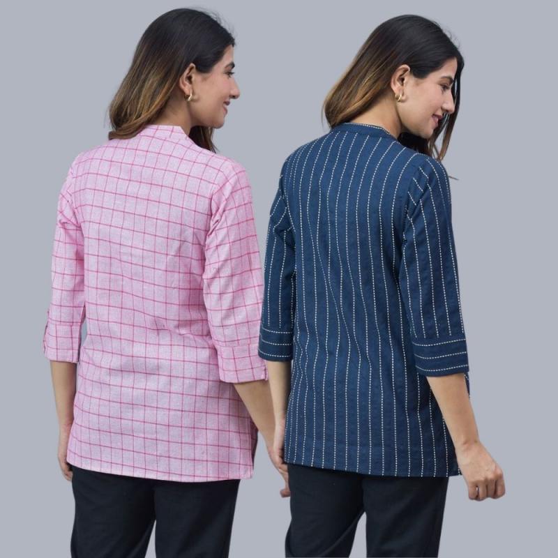 Combo of 2 Navy Blue and Baby Pink Cotton Checks and Stripe Women Top