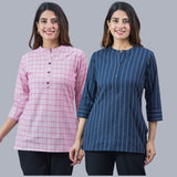 Combo of 2 Navy Blue and Baby Pink Cotton Checks and Stripe Women Top