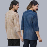 Combo of 2 Navy Blue and Beige Cotton Stripe Women Top-