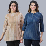 Combo of 2 Navy Blue and Beige Cotton Stripe Women Top-