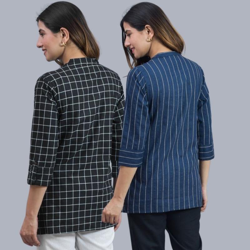 Combo of 2 Navy Blue and Black Cotton Checks and Stripe Women Top