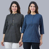 Combo of 2 Navy Blue and Black Cotton Checks and Stripe Women Top