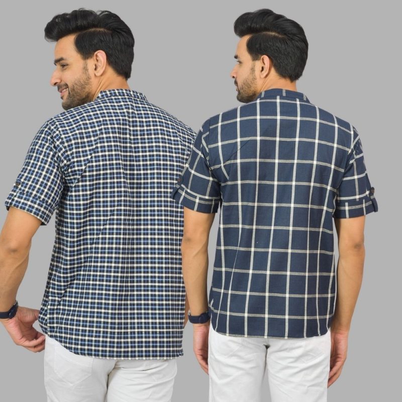 Combo of 2 Navy Blue and Blue Cotton Handloom Short Kurta-25363