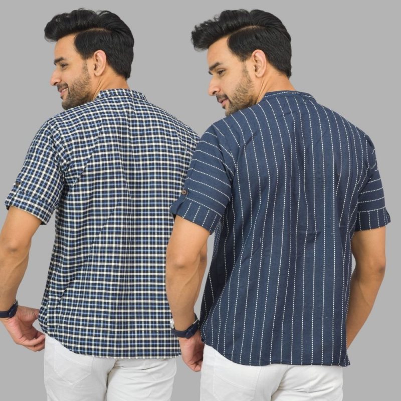 Combo of 2 Navy Blue and Blue Cotton Handloom Short Kurta-25364