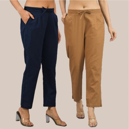 Combo of 2 Navy Blue and Brown Cotton Flax Women Trouser Pant-10353