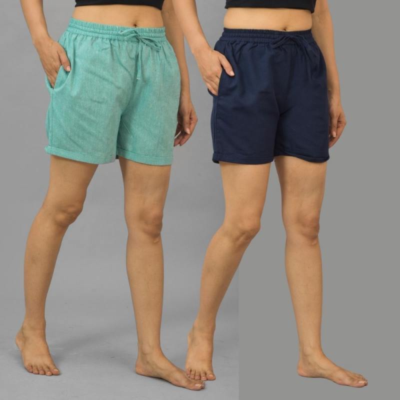 Combo of 2 Navy Blue and Cyan Cotton Women Shorts