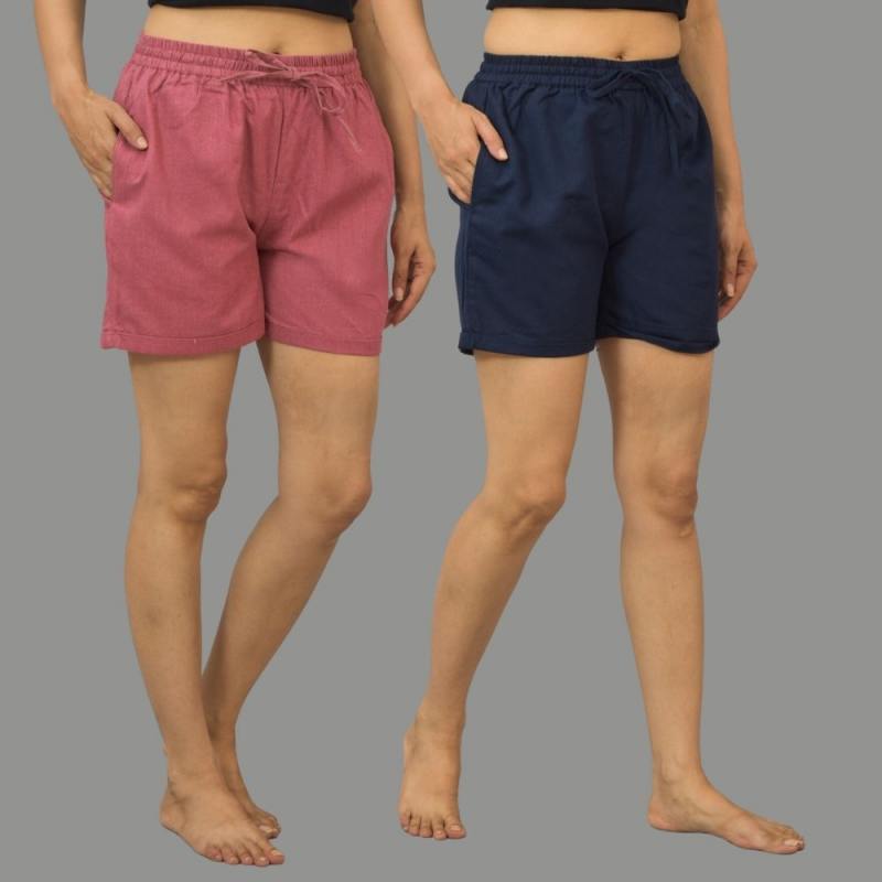 Combo of 2 Navy Blue and Dark Pink Cotton Women Shorts