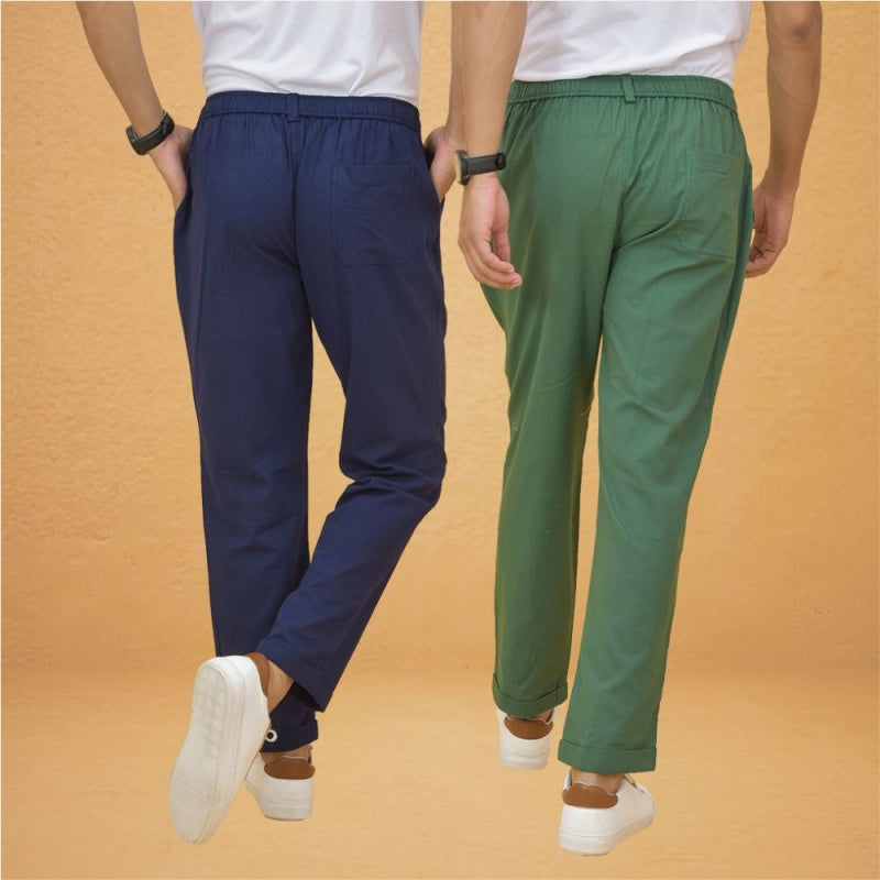 Combo of 2 Navy Blue and Green Cotton Regular Trousers