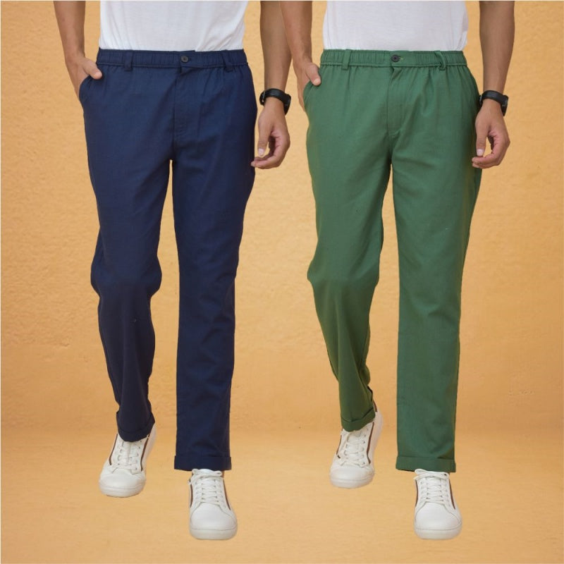 Combo of 2 Navy Blue and Green Cotton Regular Trousers