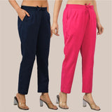 Combo of 2 Navy Blue and Magenta Pink Cotton Flax Women Trouser Pant-10377