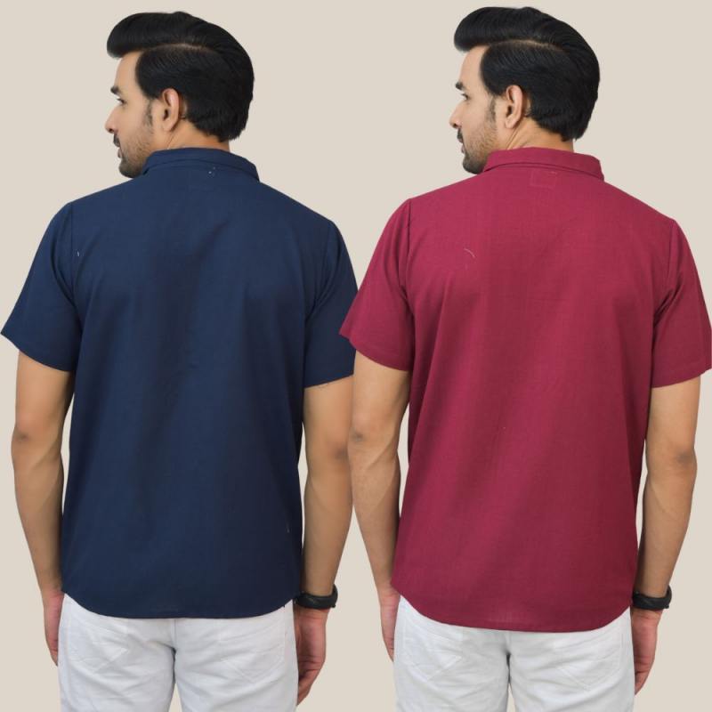 Combo of 2 Navy Blue and Maroon Solid Cotton Men Shirt