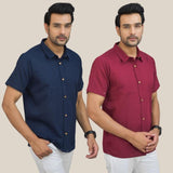 Combo of 2 Navy Blue and Maroon Solid Cotton Men Shirt