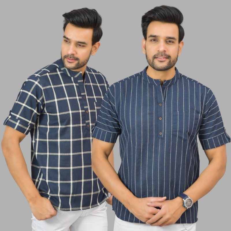 Combo of 2 Navy Blue and Navy Blue Cotton Handloom Short Kurta-25375