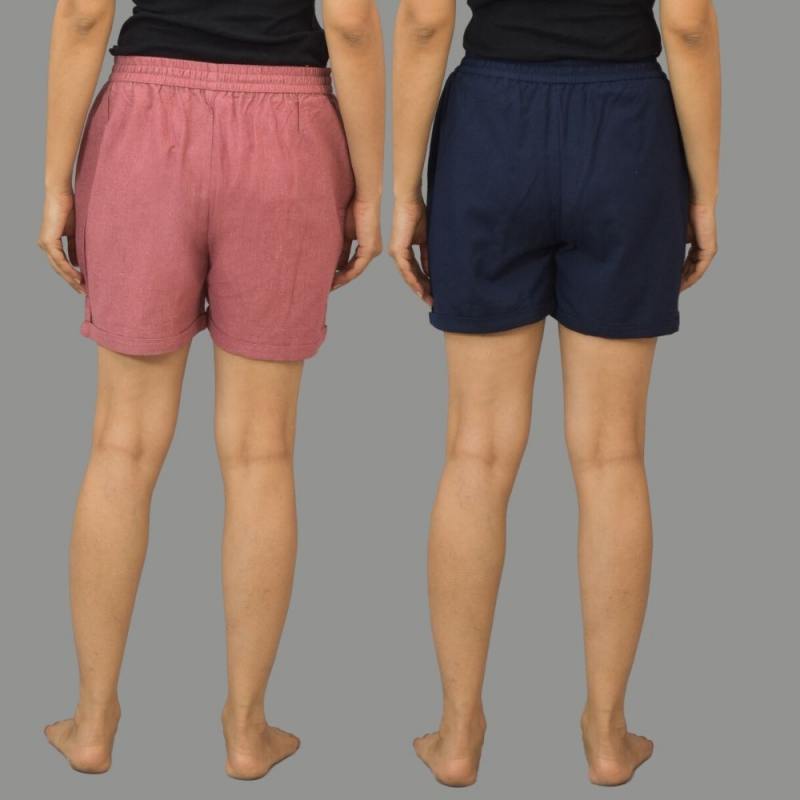 Combo of 2 Navy Blue and Pink Cotton Women Shorts