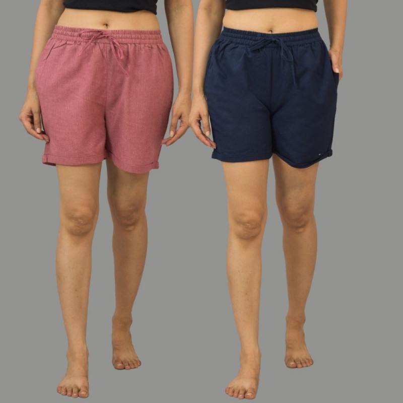 Combo of 2 Navy Blue and Pink Cotton Women Shorts