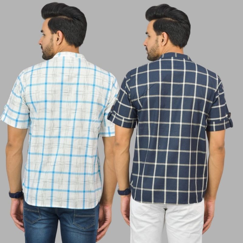 Combo of 2 Navy Blue and White Cotton Handloom Short Kurta-25339