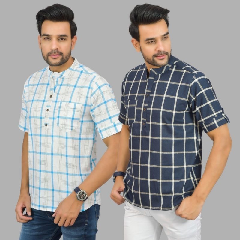 Combo of 2 Navy Blue and White Cotton Handloom Short Kurta-25339