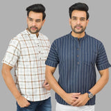 Combo of 2 Navy Blue and White Cotton Handloom Short Kurta-25356