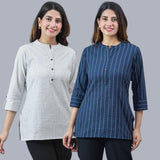 Combo of 2 Navy Blue and White Cotton Stripe Women Top