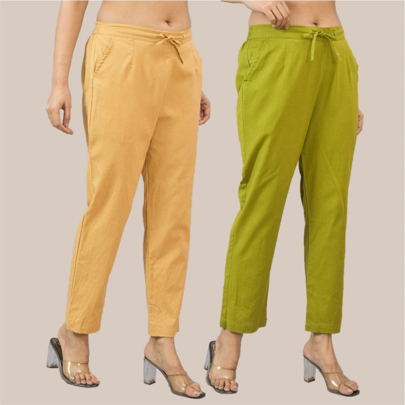 Combo of 2 Olive Green and Beige Cotton Flax Women Trouser Pant-10321