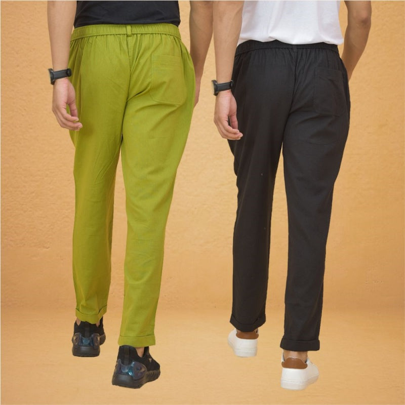 Combo of 2 Olive Green and Black Cotton Regular Trousers