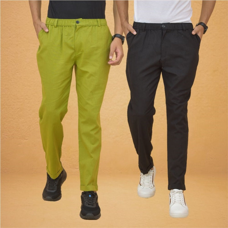 Combo of 2 Olive Green and Black Cotton Regular Trousers