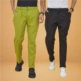 Combo of 2 Olive Green and Black Cotton Regular Trousers