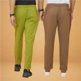 Combo of 2 Olive Green and Brown Cotton Regular Trousers