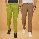 Combo of 2 Olive Green and Brown Cotton Regular Trousers