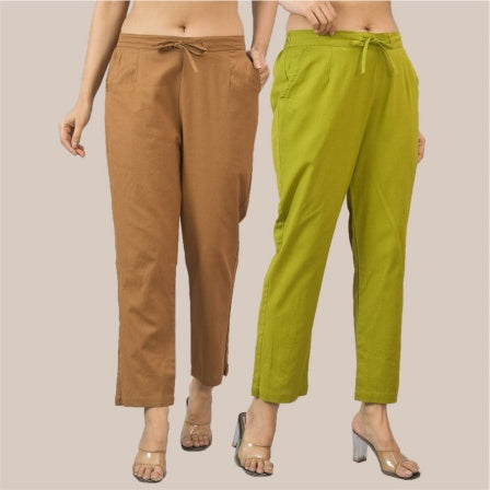 Combo of 2 Olive Green and Brown Cotton Flax Women Trouser Pant-10354