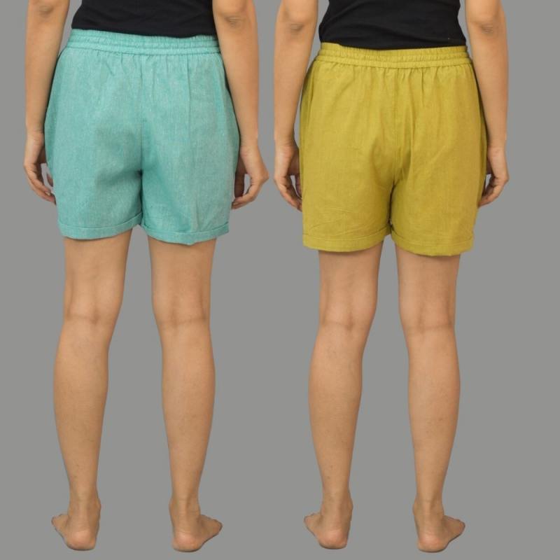 Combo of 2 Olive Green and Cyan Cotton Women Shorts