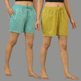 Combo of 2 Olive Green and Cyan Cotton Women Shorts