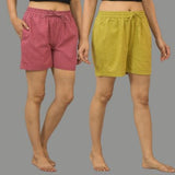 Combo of 2 Olive Green and Dark Pink Cotton Women Shorts