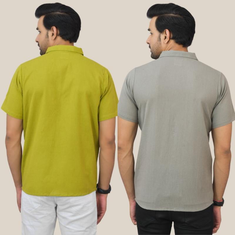 Combo of 2 Olive Green and Gray Solid Cotton Men Shirt