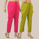 Combo of 2 Olive Green and Magenta Pink Cotton Flax Women Trouser Pant-10378