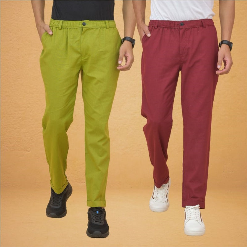 Combo of 2 Olive Green and Maroon Cotton Regular Trousers