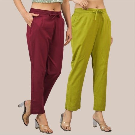 Combo of 2 Olive Green and Maroon Cotton Flax Women Trouser Pant-10384