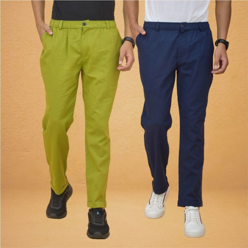 Combo of 2 Olive Green and Navy Blue Cotton Regular Trousers