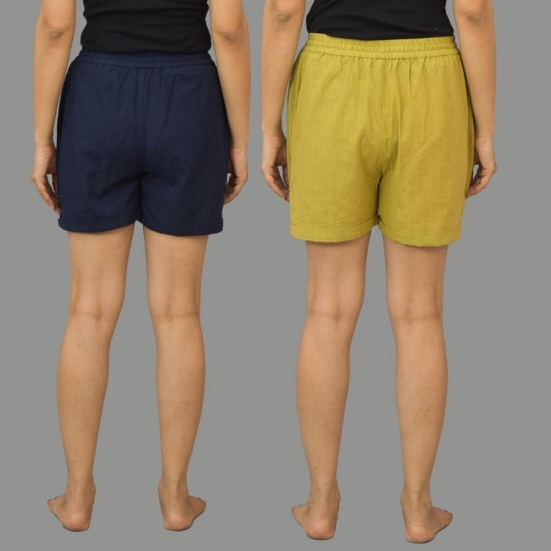 Combo of 2 Olive Green and Navy Blue Cotton Women Shorts