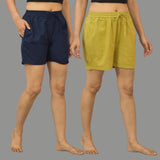 Combo of 2 Olive Green and Navy Blue Cotton Women Shorts