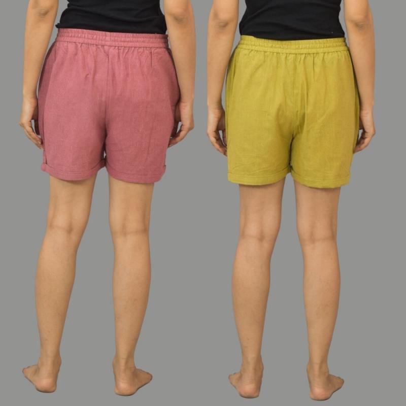 Combo of 2 Olive Green and Pink Cotton Women Shorts